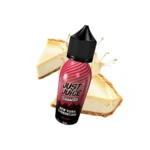 Οπτική απεικόνιση της συσκευασίας του Just Juice New York Cheesecake 60ml με φόντο 2 κομμάτια πραγματικού cheesecake.
