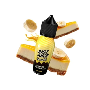 Οπτική απεικόνιση της συσκευασίας του Just Juice Banana Cheesecake 60ml με φόντο 2 κομμάτια πραγματικού cheesecake μπανάνας.
