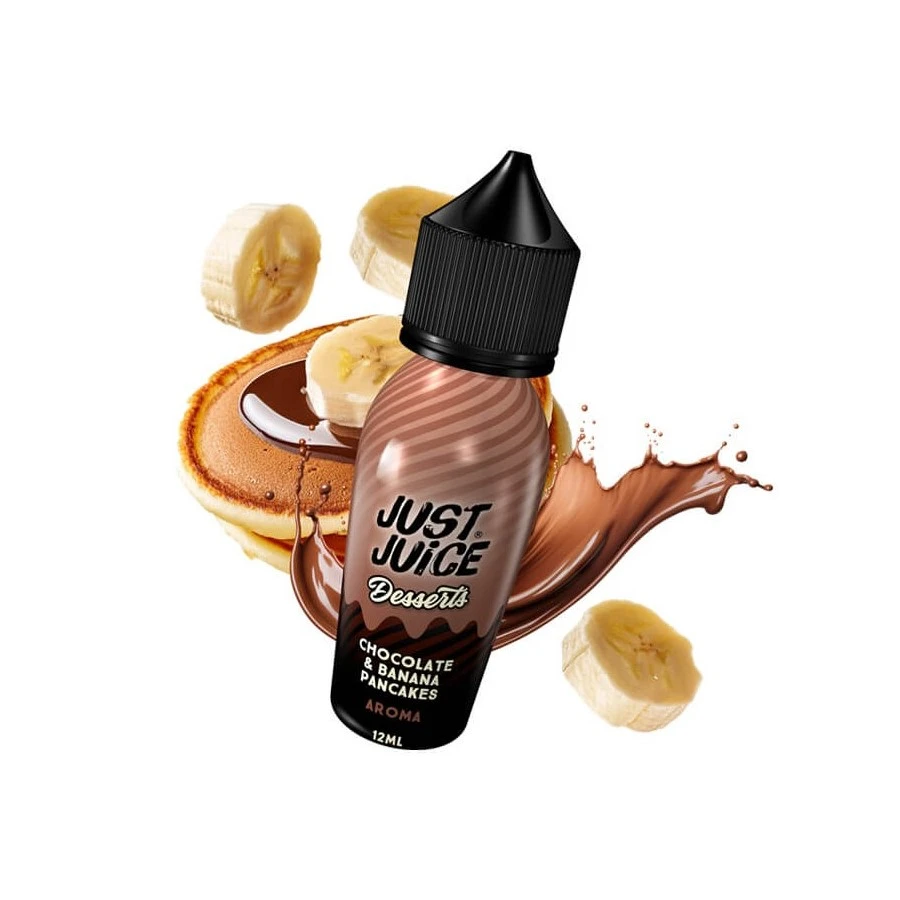 just-juice-desserts-chocolate-and-banana-pancakes-flavour-shot-60ml-vaporstation Οπτική απεικόνιση της συσκευασίας του Just Juice Chocolate and Banana Pancakes 60ml με φόντο pancakes και κομμάτια μπανάνας.