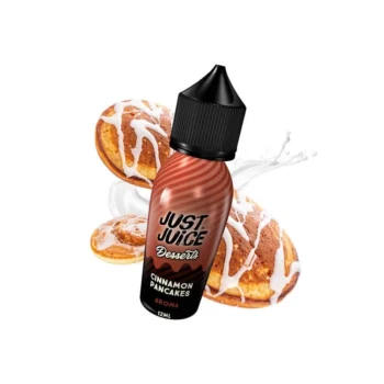 Οπτική απεικόνιση της συσκευασίας του Just Juice Cinnamon Pancakes 60ml με φόντο pancakes με κανέλα.