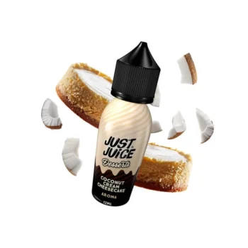Οπτική απεικόνιση της συσκευασίας του Just Juice Coconut Cream Cheesecake 60ml με φόντο 2 κομμάτια πραγματικού cheesecake καρύδας.