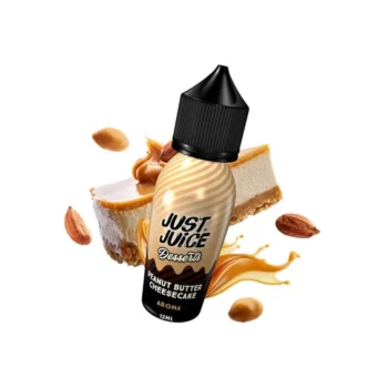 Οπτική απεικόνιση της συσκευασίας του Just Juice Coconut Cream Cheesecake 60ml με φόντο 2 κομμάτια πραγματικού cheesecake με φυστικοβούτυρο.