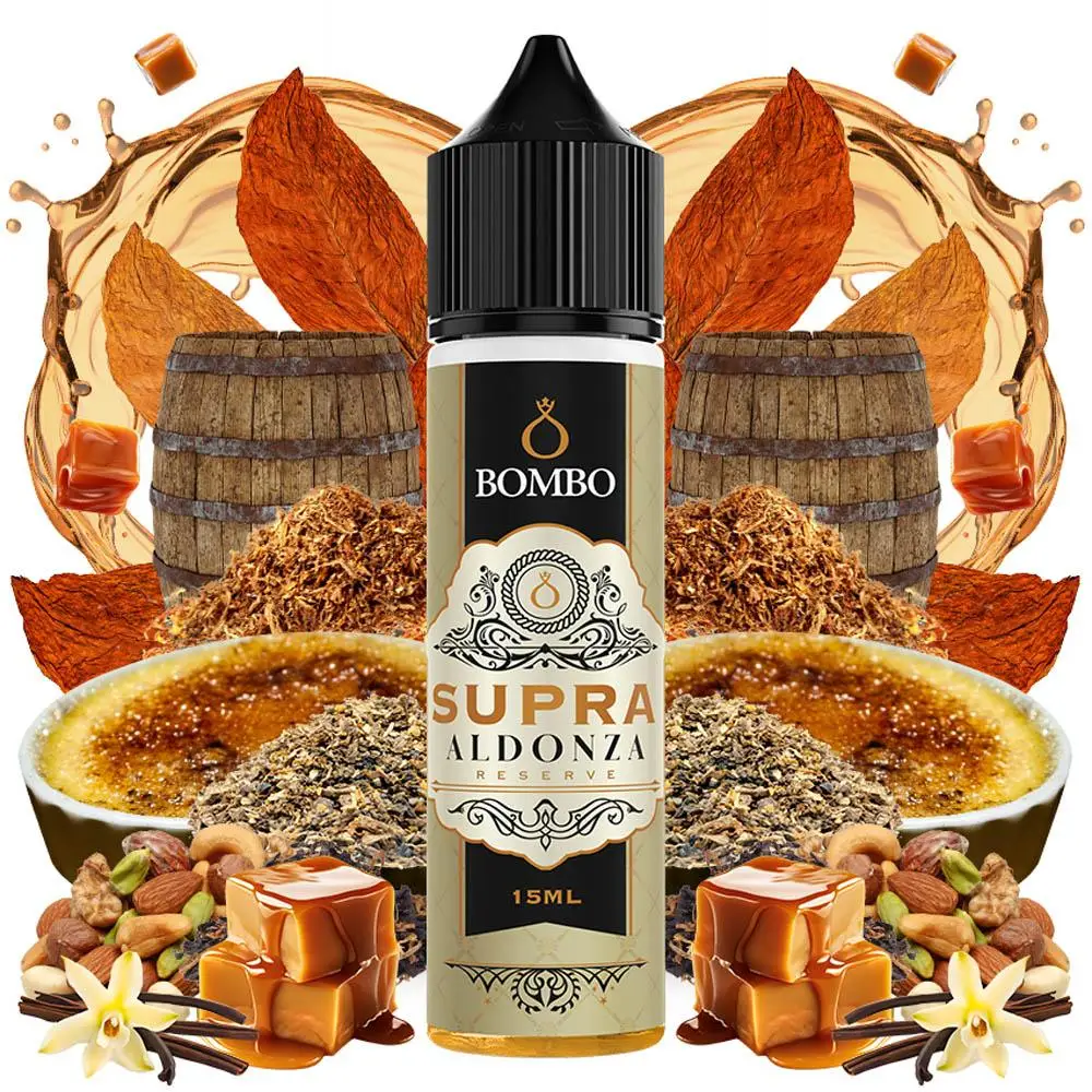 bombo-platinum-tobaccos-supra-aldonza-15ml-60ml-flavorshot Οπτική απεικόνιση του μπουκαλιού 60ml Bombo Platinum Tobaccos Supra Aldonza Reserve.