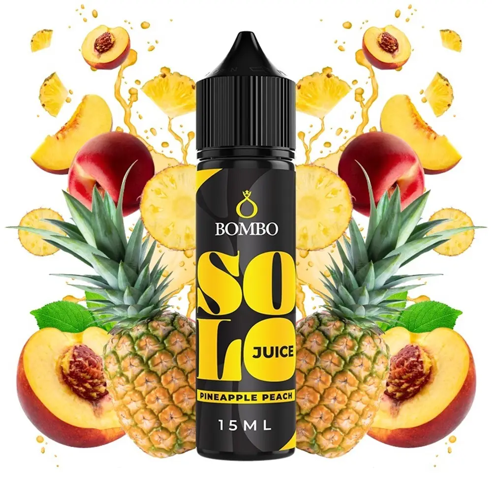 bombo-solo-pineapple-peach-15ml-60ml Οπτική απεικόνιση του μπουκαλιού 60ml Bombo Solo Juice Pineapple Peach.