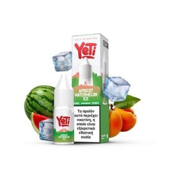 Φωτογραφία του Yeti Summit Apricot Watermelon Ice 10ml με 10mg/ml νικοτίνη και φόντο τα αντιστοιχα φρούτα και παγάκια.