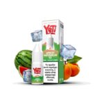 Φωτογραφία του Yeti Summit Apricot Watermelon Ice 10ml με 20mg/ml νικοτίνη και φόντο τα αντιστοιχα φρούτα και παγάκια.