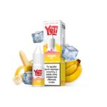Φωτογραφία του Yeti Summit Banana Ice 10ml με 10mg/ml νικοτίνη και φόντο τα αντιστοιχα φρούτα και παγάκια.