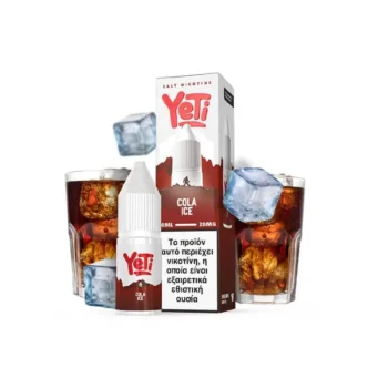 Φωτογραφία του Yeti Summit Cola Ice 10ml με 20mg/ml νικοτίνη και φόντο τα αντιστοιχα φρούτα και παγάκια.