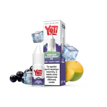 Φωτογραφία του Yeti Summit Honeydew Blackcurrant Ice 10ml με 10mg/ml νικοτίνη και φόντο τα αντιστοιχα φρούτα και παγάκια.