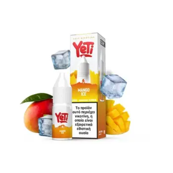 Φωτογραφία του Yeti Summit Mango Ice 10ml με 20mg/ml νικοτίνη και φόντο τα αντιστοιχα φρούτα και παγάκια.