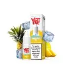 Φωτογραφία του Yeti Summit Pineapple Ice 10ml με 10mg/ml νικοτίνη και φόντο τα αντιστοιχα φρούτα και παγάκια.