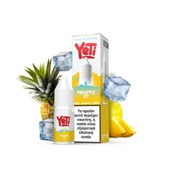 Φωτογραφία του Yeti Summit Pineapple Ice 10ml με 10mg/ml νικοτίνη και φόντο τα αντιστοιχα φρούτα και παγάκια.