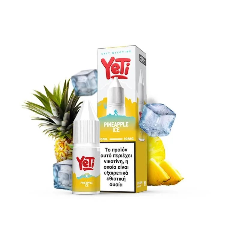 Φωτογραφία του Yeti Summit Pineapple Ice 10ml με 10mg/ml νικοτίνη και φόντο τα αντιστοιχα φρούτα και παγάκια.