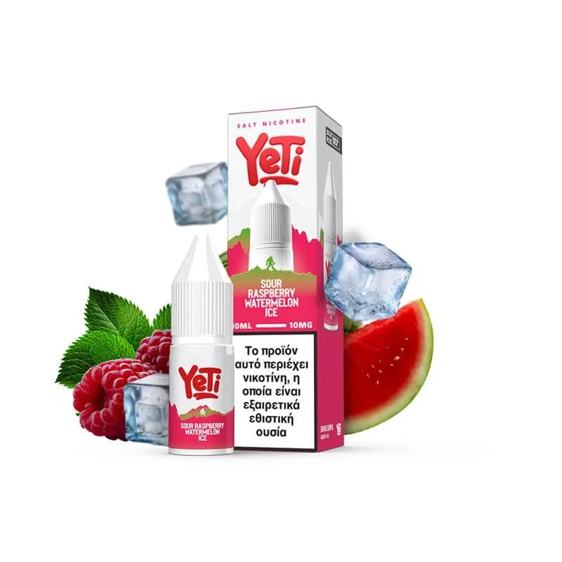 Φωτογραφία του Yeti Summit Sour Raspberry Watermelon Ice 10ml με 10mg/ml νικοτίνη και φόντο τα αντιστοιχα φρούτα και παγάκια.