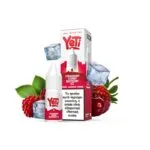 Φωτογραφία του Yeti Summit Strawberry Cherry Raspberry Ice 10ml με 10mg/ml νικοτίνη και φόντο τα αντιστοιχα φρούτα και παγάκια.
