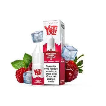 Φωτογραφία του Yeti Summit Strawberry Cherry Raspberry Ice 10ml με 10mg/ml νικοτίνη και φόντο τα αντιστοιχα φρούτα και παγάκια.