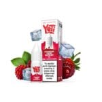 Φωτογραφία του Yeti Summit Strawberry Cherry Raspberry Ice 10ml με 20mg/ml νικοτίνη και φόντο τα αντιστοιχα φρούτα και παγάκια.