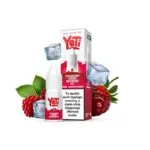 Φωτογραφία του Yeti Summit Strawberry Cherry Raspberry Ice 10ml με 20mg/ml νικοτίνη και φόντο τα αντιστοιχα φρούτα και παγάκια.
