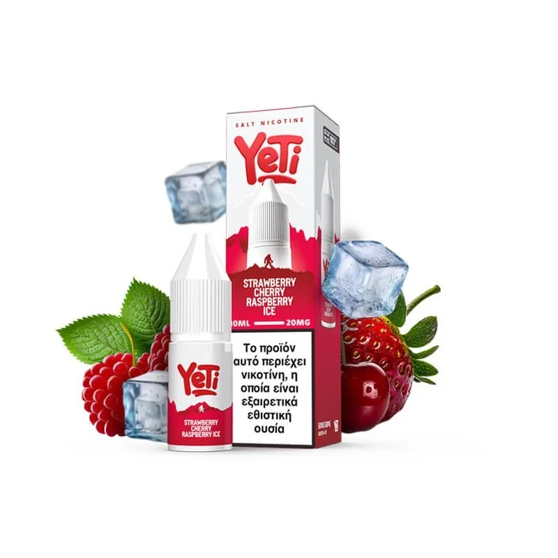 Φωτογραφία του Yeti Summit Strawberry Cherry Raspberry Ice 10ml με 20mg/ml νικοτίνη και φόντο τα αντιστοιχα φρούτα και παγάκια.