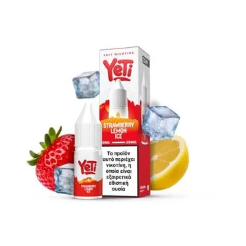 Φωτογραφία του Yeti Summit Strawberry Lemon Ice 10ml με 20mg/ml νικοτίνη και φόντο τα αντιστοιχα φρούτα και παγάκια.