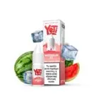 Φωτογραφία του Yeti Summit Watermelon Ice 10ml με 10mg/ml νικοτίνη και φόντο τα αντιστοιχα φρούτα και παγάκια.