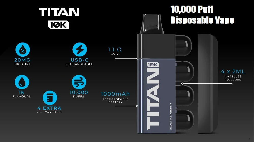 Μοναδικό ατμιστικό προϊόν Titan 10K, 10.000 τζούρες. Οδηγίες Χρήσης.