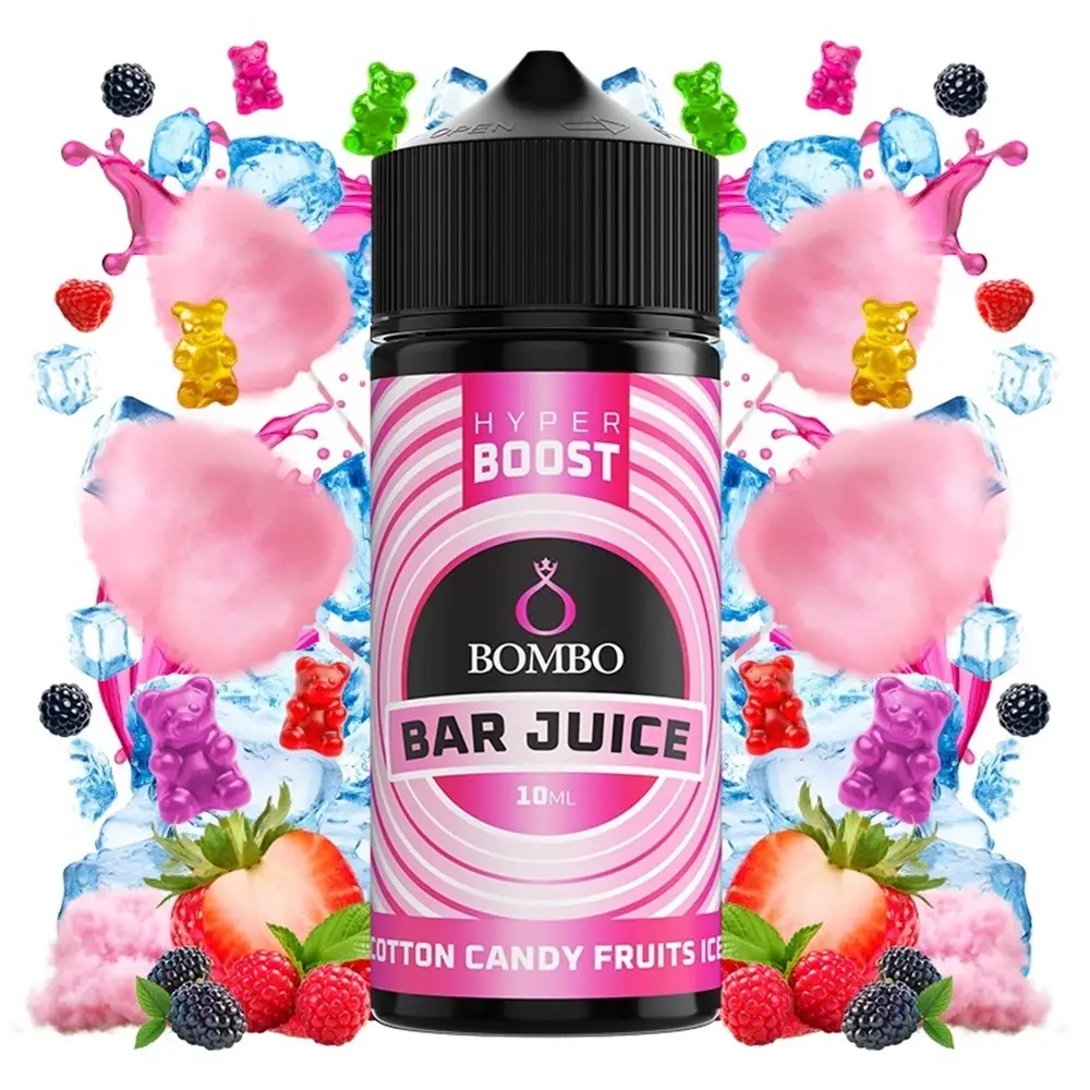 bombo-bar-juice-hyper-boost-cotton-candy-fruits-ice-10ml120ml Οπτική απεικόνιση του μπουκαλιού 120ml Bombo Bar Juice Hyper Boost Cotton Candy Fruits Ice.