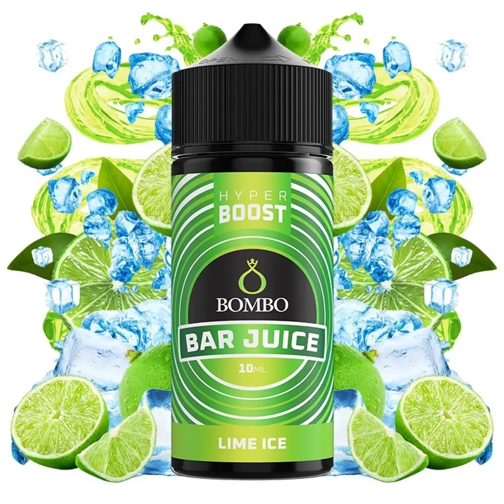 bombo-bar-juice-hyper-boost-lime-ice-10ml120ml Οπτική απεικόνιση του μπουκαλιού 120ml Bombo Bar Juice Hyper Boost Lime Ice.