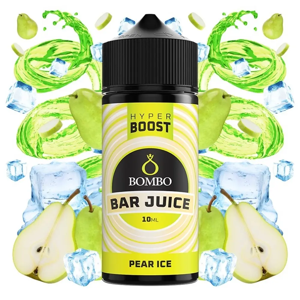 bombo-bar-juice-hyper-boost-pear-ice-10ml120ml Οπτική απεικόνιση του μπουκαλιού 120ml Bombo Bar Juice Hyper Boost Pear Ice.