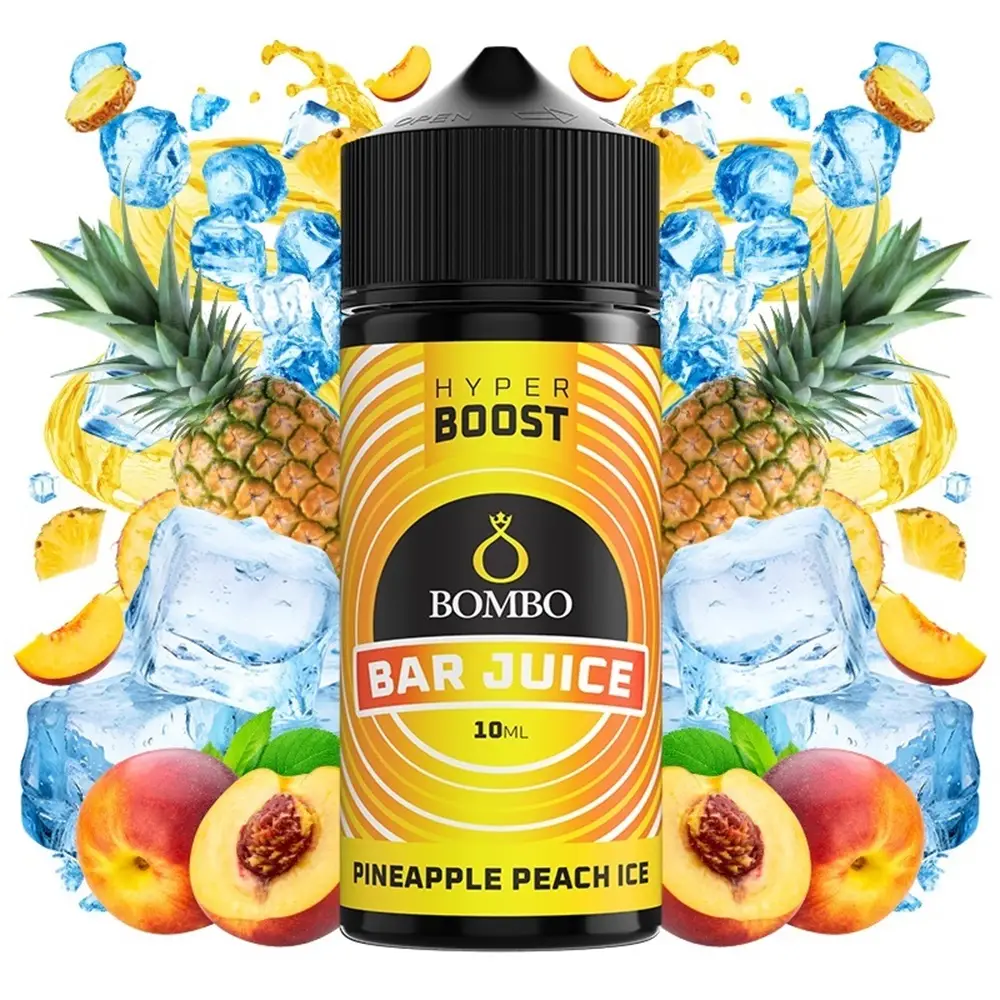 bombo-bar-juice-hyper-boost-pineapple-peach-ice-10ml120ml Οπτική απεικόνιση του μπουκαλιού 120ml Bombo Bar Juice Hyper Boost Pineapple Peach Ice.