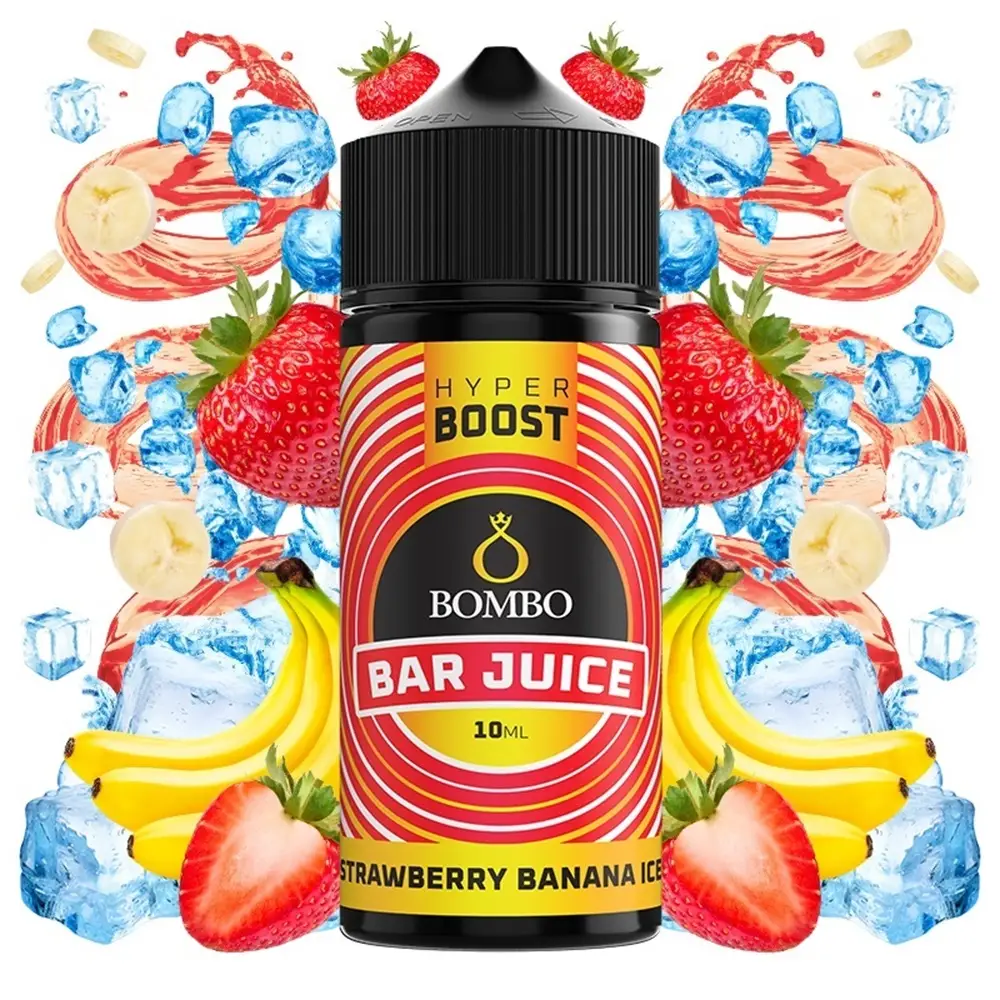 bombo-bar-juice-hyper-boost-strawberry-banana-ice-10ml120ml Οπτική απεικόνιση του μπουκαλιού 120ml Bombo Bar Juice Hyper Boost Strawberry Banana Ice.