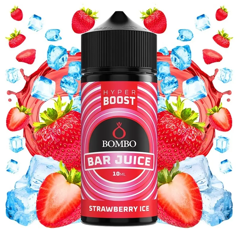 bombo-bar-juice-hyper-boost-strawberry-ice-10ml120ml Οπτική απεικόνιση του μπουκαλιού 120ml Bombo Bar Juice Hyper Boost Strawberry Ice.