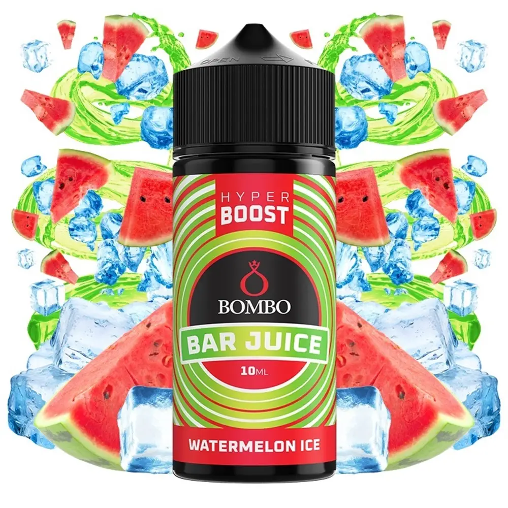 bombo-bar-juice-hyper-boost-watermelon-ice-10ml120ml Οπτική απεικόνιση του μπουκαλιού 120ml Bombo Bar Juice Hyper Boost Watermelon Ice.