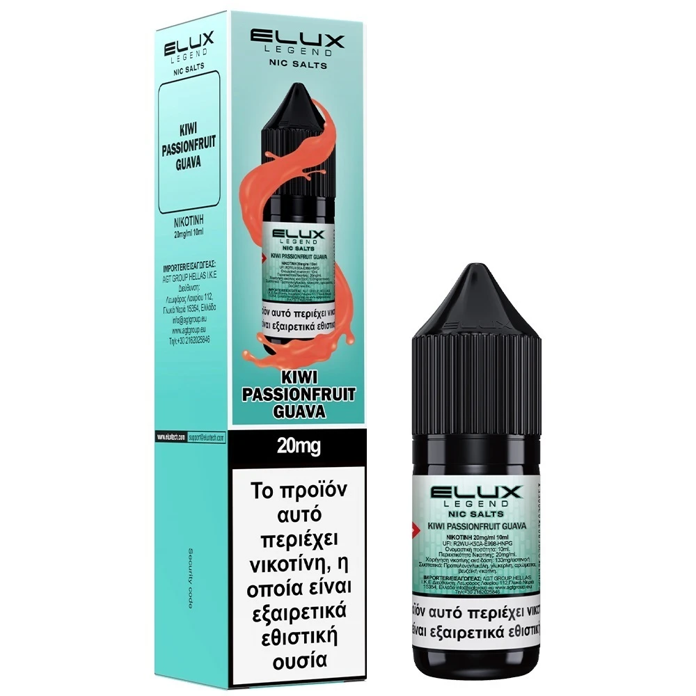 elux-kiwi-passion-fruit-guava-salt-20mg-10ml Φωτογραφία της συσκευασίας του έτοιμου υγρού Elux Kiwi Passion Fruit Guava 10ml 20mg Salt.