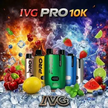 Φωτογραφία με συσκευές IVG Pro σε διάφορα χρώματα σε ένα περιβάλλον γεμάτο φρούτα και παγάκια.
