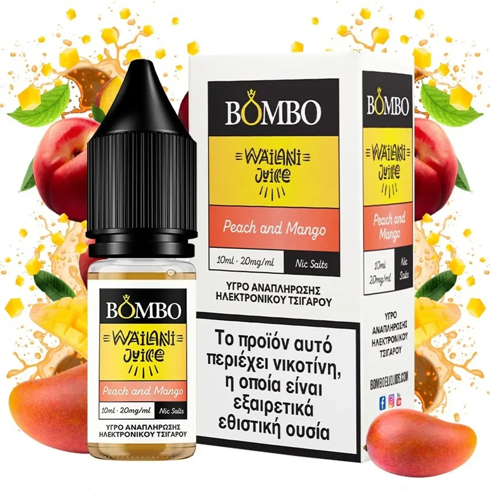 bombo-wailani-juice-peach-and-mango-salt-20mg-10ml_1000 Φωτογραφία της συσκευασίας του έτοιμου υγρού Bombo Wailani Juice Peach and Mango Salt 20mg 10ml.