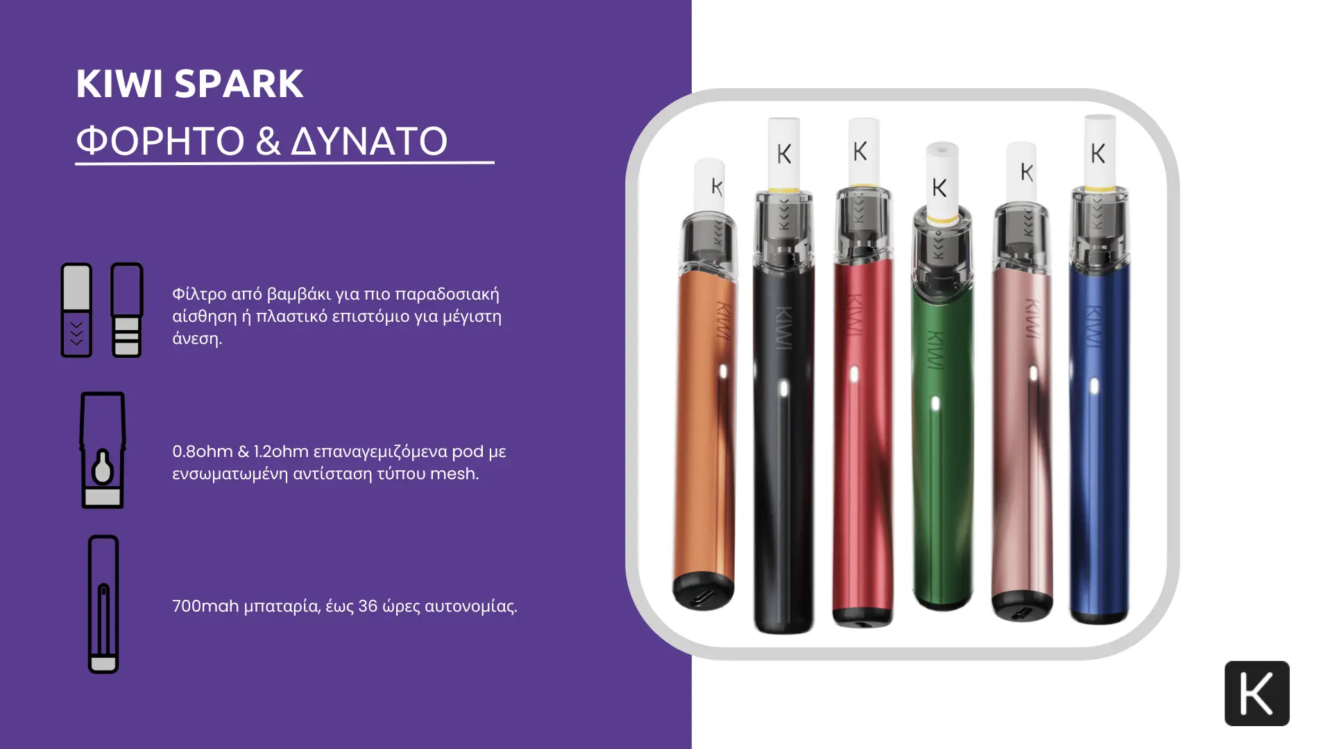 Οπτική απεικόνιση του προϊόντος kiwi spark pod kit all colors