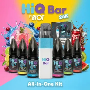 Χαρακτηριστική εικόνα του προϊόντος HiQ Bar 24K Kit με την συσκευή και όλες τις διαθέσιμες γεύσεις.